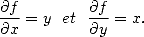 $$
\frac{\partial f}{\partial x}=y ~~et~~ \frac{\partial f}{\partial y}=x.
$$